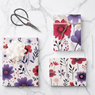 Wildflowers Navy Red Purple Wrapping Paper Sheets