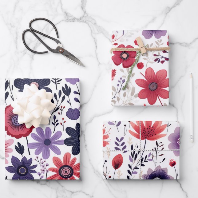 Wildflowers Navy Red Purple Wrapping Paper Sheets (Front)