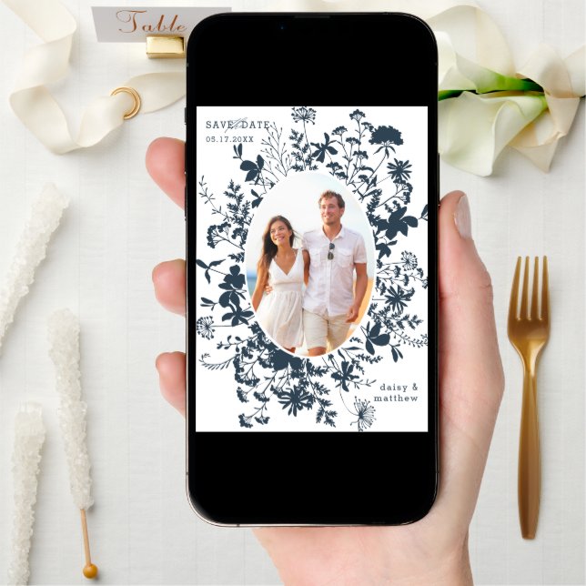 Wildflowers Navy Silhouette 2 Photo Wedding  Save The Date (Front Digital)