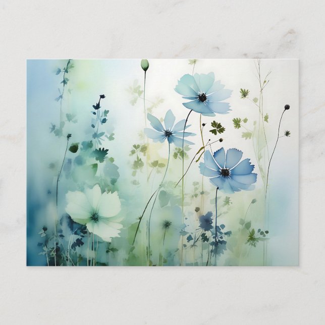 Wildflowers On A Soft Blue Watercolor Postcard (Front)