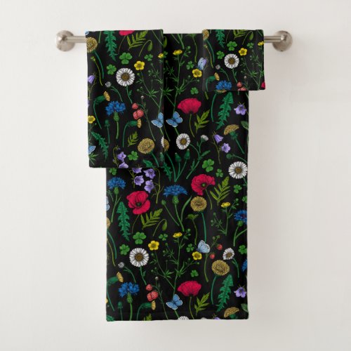 Wildflowers on black bath towel set