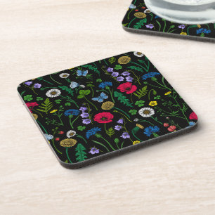 Wildflowers on black beverage coaster