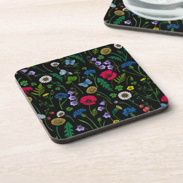 Wildflowers on black beverage coaster (Left Side)