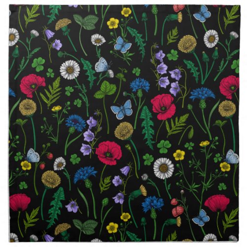 Wildflowers on black cloth napkin