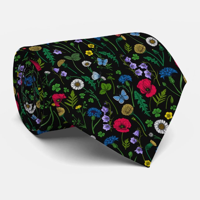 Wildflowers on black neck tie (Rolled)