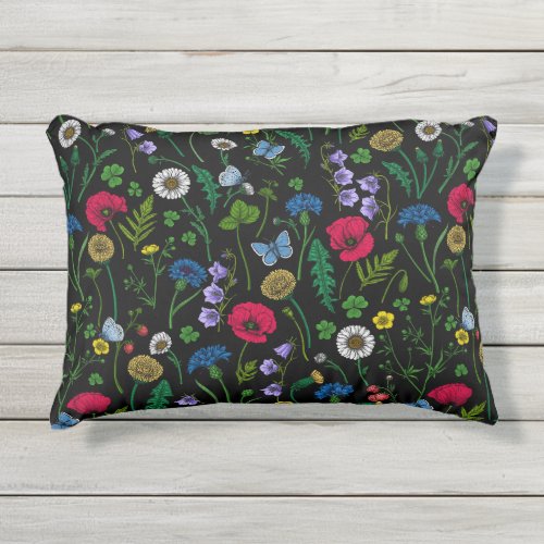 Wildflowers on black outdoor pillow