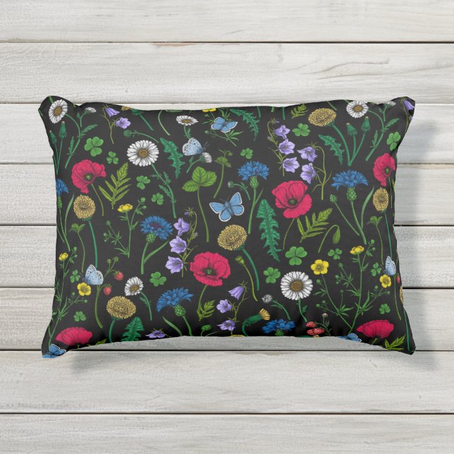 Wildflowers on black outdoor pillow (Front)