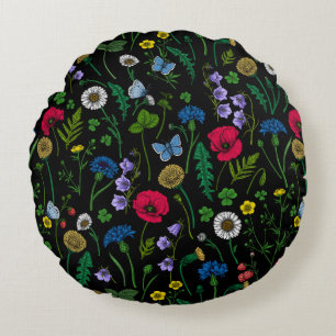 Wildflowers on black round pillow