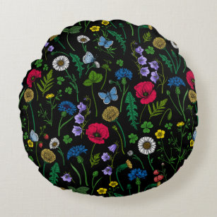 Wildflowers on black round pillow
