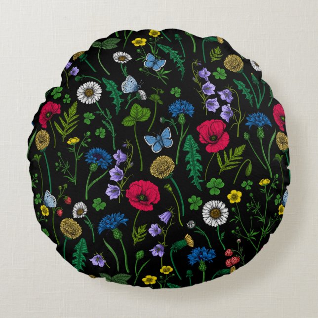 Wildflowers on black round pillow (Front)