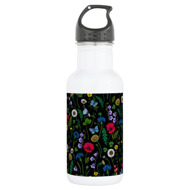 Wildflowers on black stainless steel water bottle (Front)