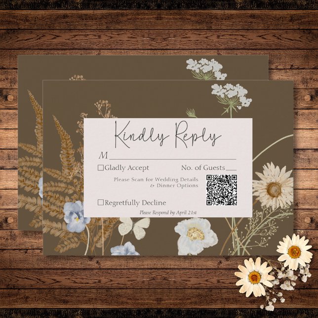 Wildflowers on Brown Wedding QR Code RSVP Card (Wildflowers on Brown Wedding QR Code RSVP Card)