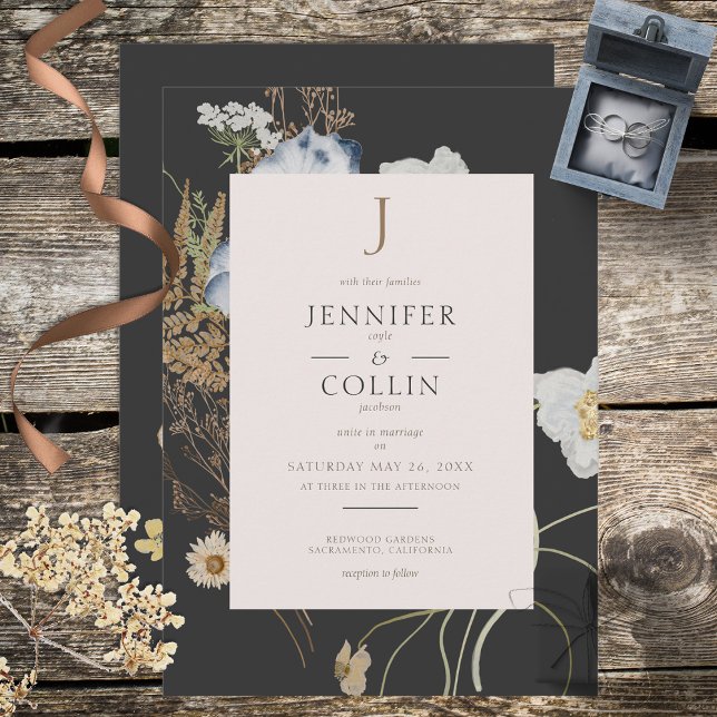 Wildflowers on Charcoal Wedding Invitation (Creator Uploaded)