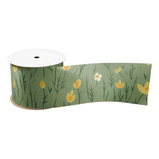 Wildflowers On Green Satin Ribbon (Spool)
