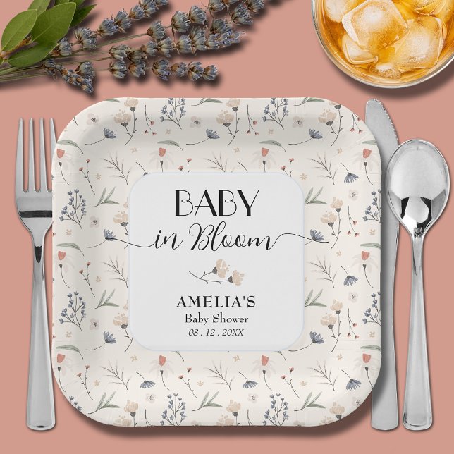 Wildflowers on Ivory Baby Shower Paper Plates (Baby in Bloom wildflowers on ivory baby shower square paper plates)