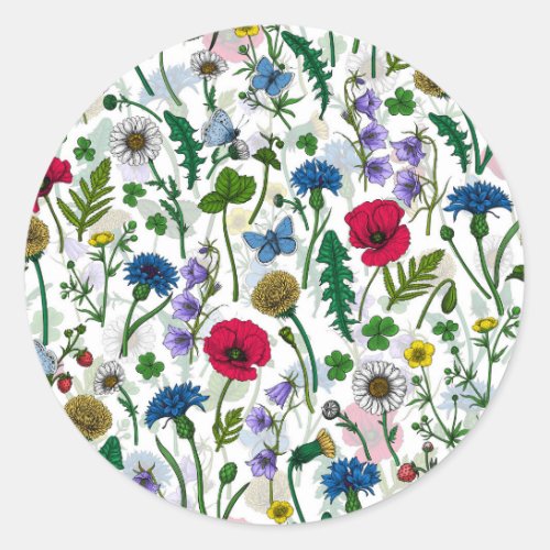 Wildflowers on off white classic round sticker