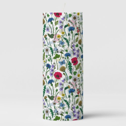 Wildflowers on off white pillar candle