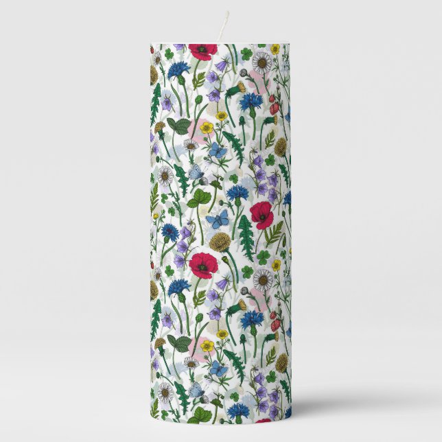 Wildflowers on off white pillar candle (Front)
