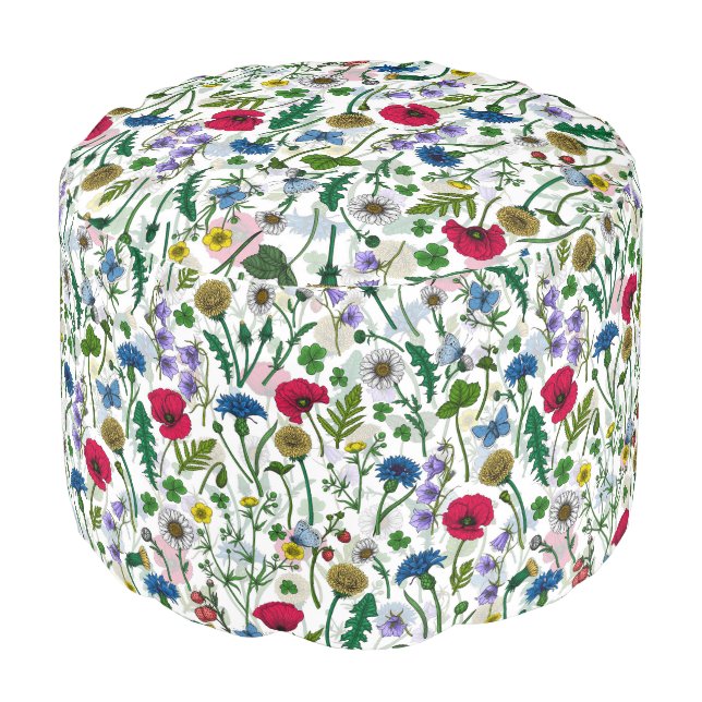 Wildflowers on off white pouf (Angled Front)