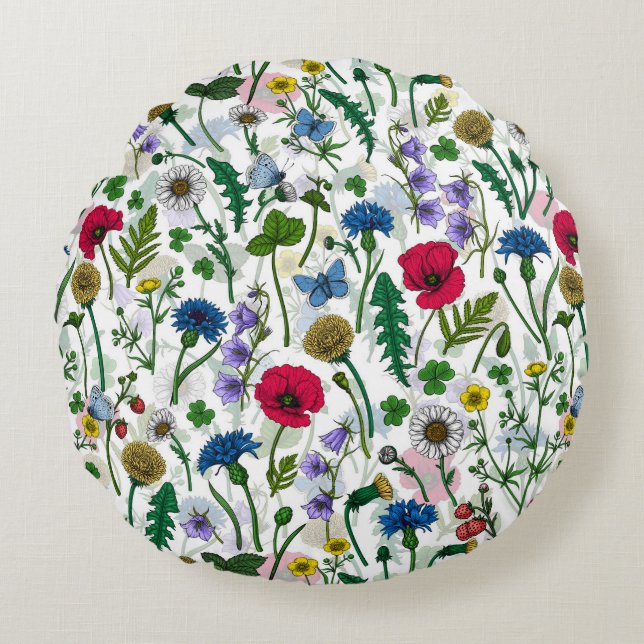 Wildflowers on off white round pillow (Front)