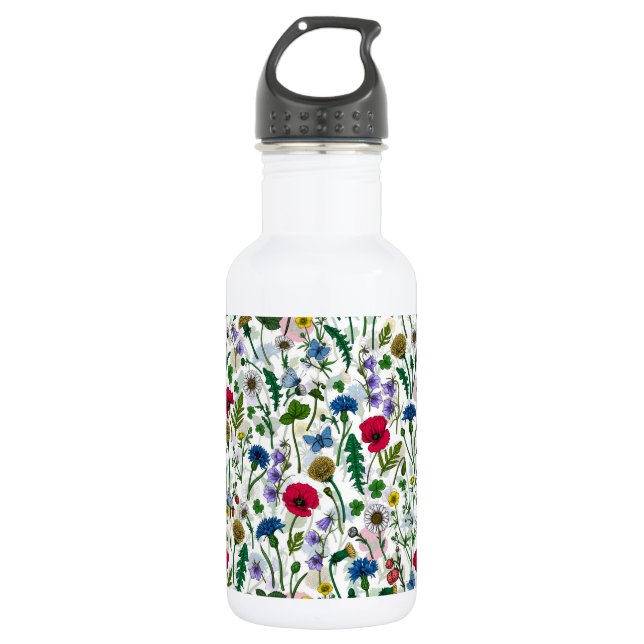 Wildflowers on off white stainless steel water bottle (Front)