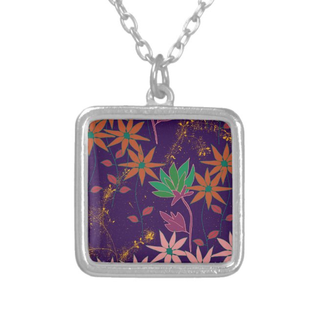 Wildflowers on Purple Silver Plated Necklace (Front)