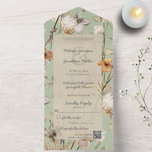 Wildflowers on Sage Green with QR Code All In One Invitation