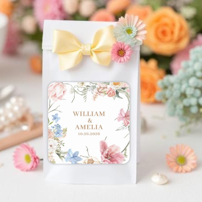 Wildflowers Pastel Floral Garden Party  Wedding Square Sticker (Creator Uploaded)