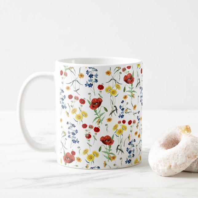 Wildflowers Pattern Botanical Illustration Coffee Mug (With Donut)