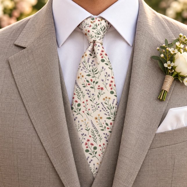 Wildflowers Pattern Cream Background Neck Tie (Creator Uploaded)