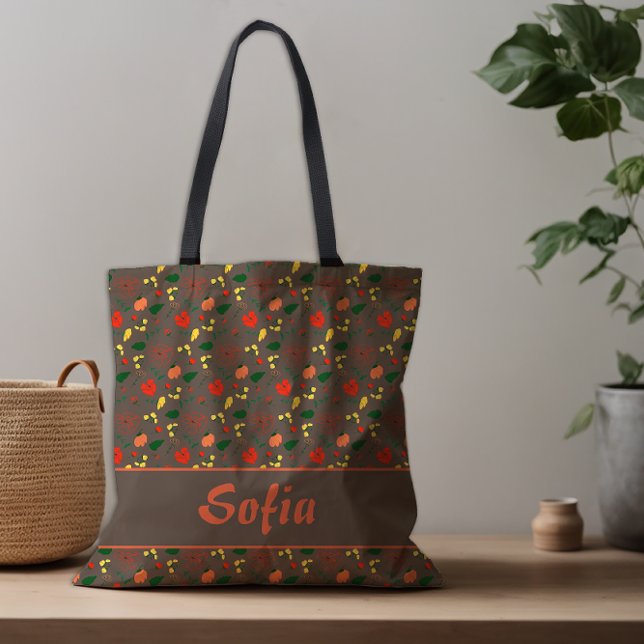 Wildflowers pattern poppy brown  tote bag (Creator Uploaded)