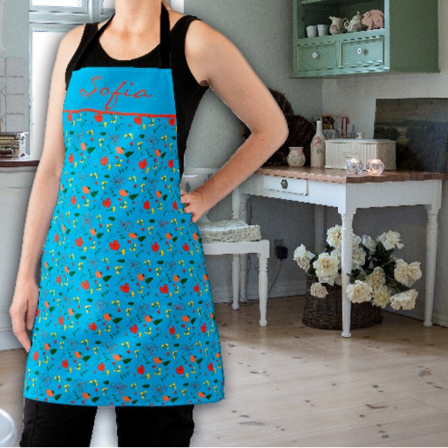 Wildflowers pattern turquoise All-Over Print Apron (Creator Uploaded)