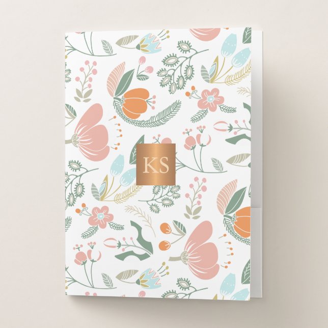 Wildflowers pattern with metallic copper monogram pocket folder (Front)