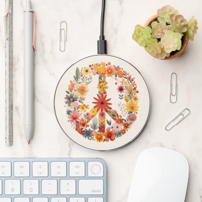 Wildflowers Peace Sign floral wreath Wireless Charger (Desk)