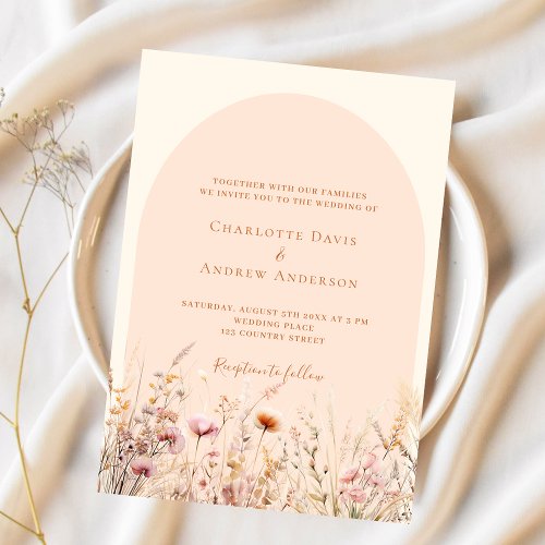 Wildflowers peach beige arch boho wedding invitation