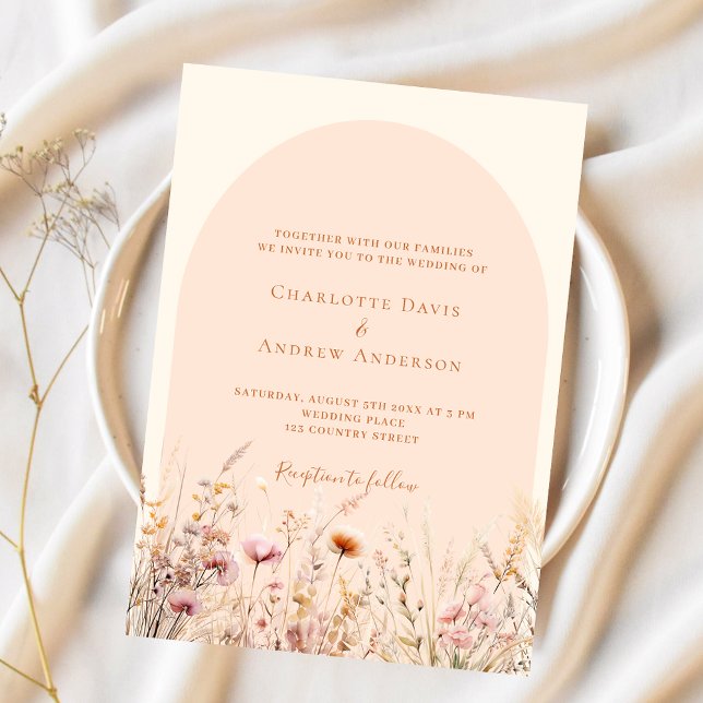 Wildflowers peach beige arch boho wedding invitation (Creator Uploaded)