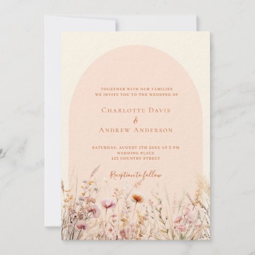 Wildflowers peach beige arch photo luxury wedding invitation