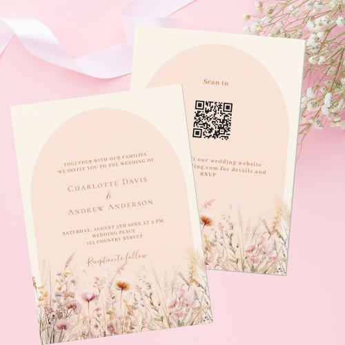 Wildflowers peach beige arch QR code RSVP wedding Invitation