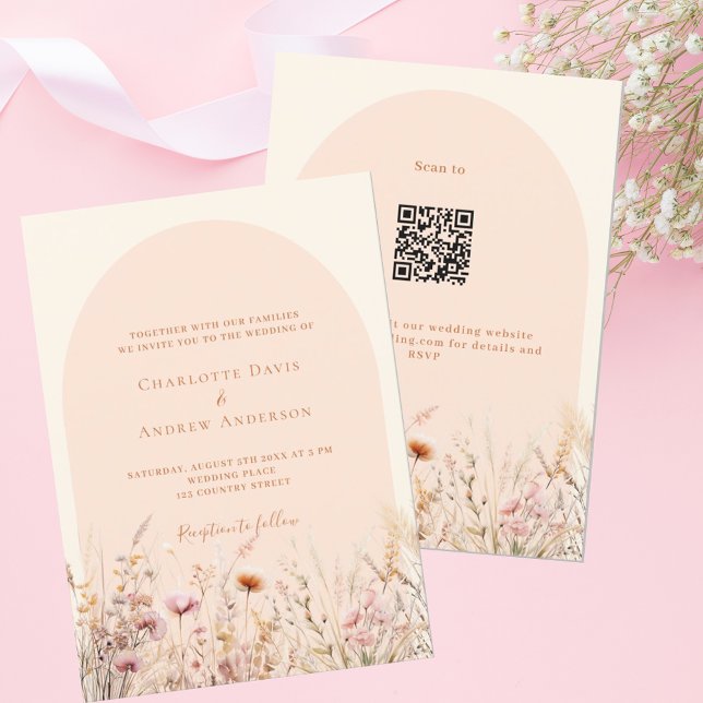 Wildflowers peach beige arch QR code RSVP wedding Invitation (Creator Uploaded)