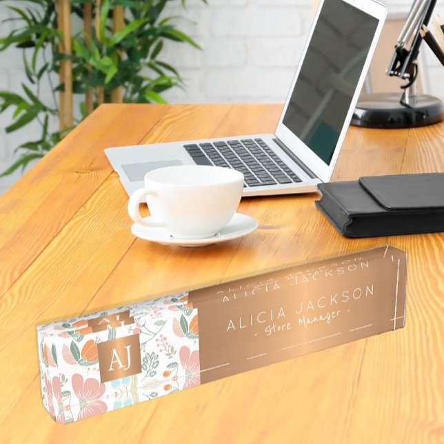 Wildflowers peach pattern copper gold monogrammed desk name plate (Creator Uploaded)