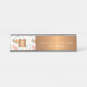 Wildflowers peach pattern copper gold monogrammed desk name plate