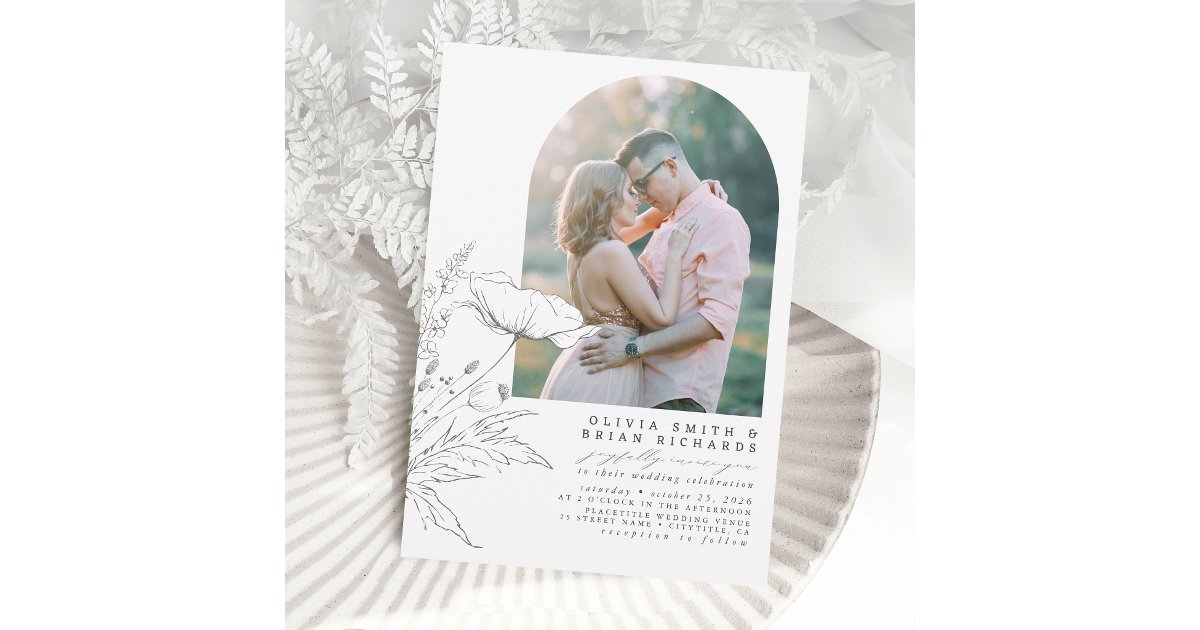 Wildflowers Pencil Sketch Elegant Wedding Photo Invitation | Zazzle