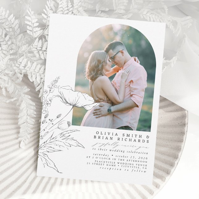 Wildflowers Pencil Sketch Elegant Wedding Photo Invitation (Creator Uploaded)
