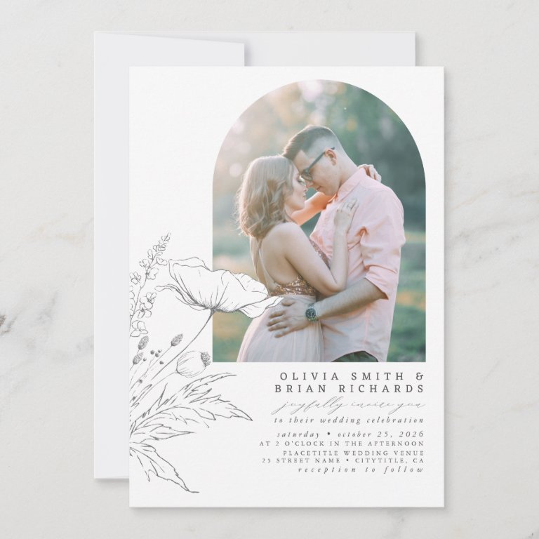 Wildflowers Pencil Sketch Elegant Wedding Photo Invitation