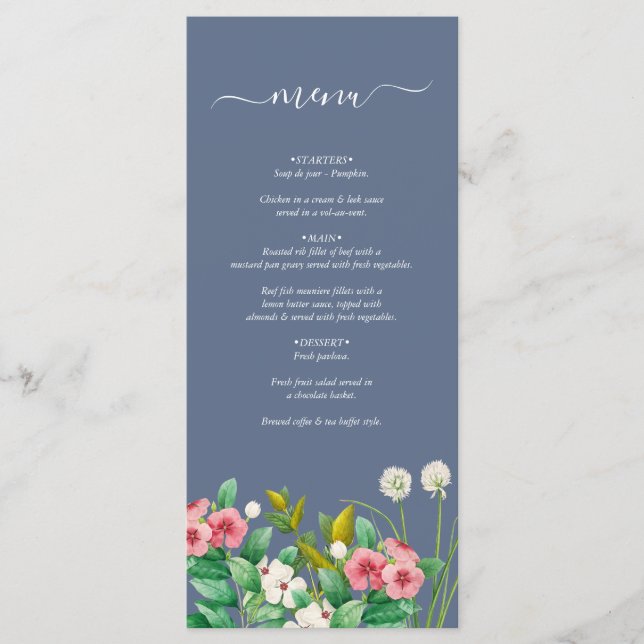 Wildflowers Periwinkle Dusty Blue Wedding  Menu (Front)