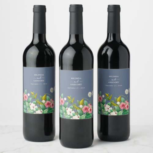 Wildflowers Periwinkle Dusty Blue Wedding Wine Label