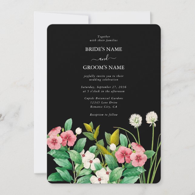 Wildflowers Periwinkle Watercolor Black Wedding Invitation (Front)