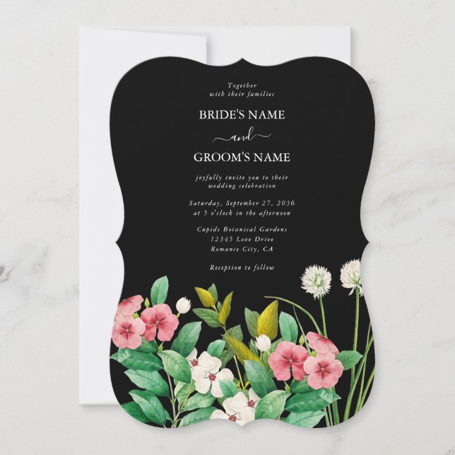 Wildflowers Periwinkle Watercolor Black Wedding Invitation (Front)