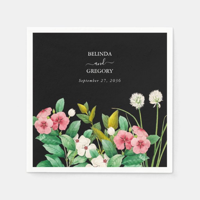 Wildflowers Periwinkle Watercolor Black Wedding Napkins (Front)