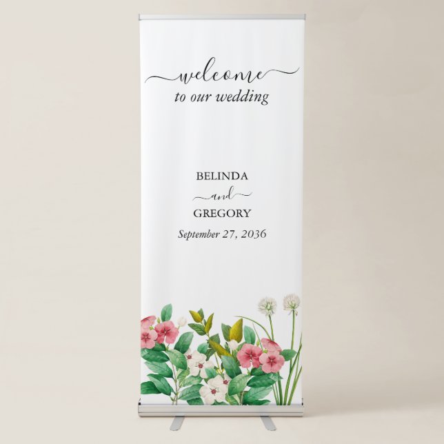Wildflowers Periwinkle Watercolor Wedding Welcome Retractable Banner (Front)